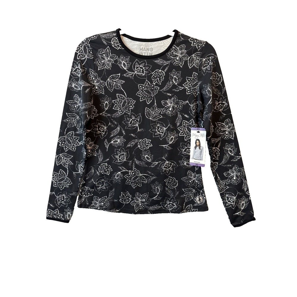 Hang Ten NWT Long Sleeve Rashguard Black White Floral Women's XS Surf Swim Beach